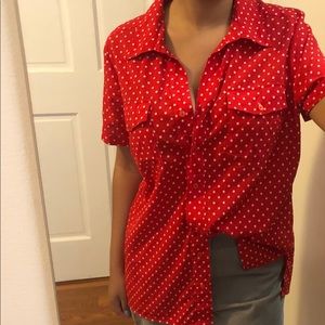 Red/White Polka Dot Short Sleeve Button Up